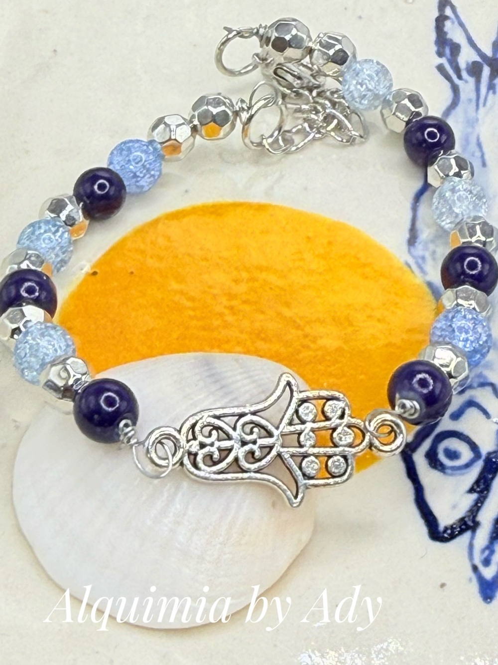 Lapis lazuli and Light Blue quartz Hamsa Charm Bracelet